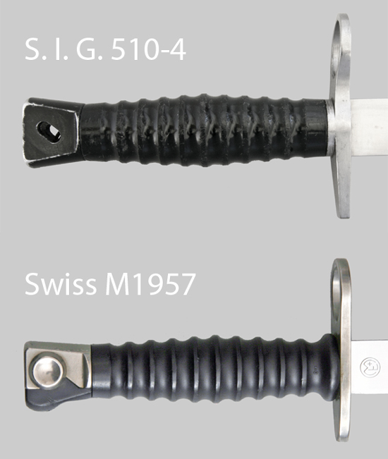 Comparison image of S.I.G. 510-4 and Swiss M1957 bayonet hilts.