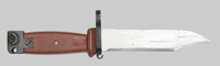 Thumbnail image of Chinese AKM Type II bayonet with orange grip secured by a brass pin