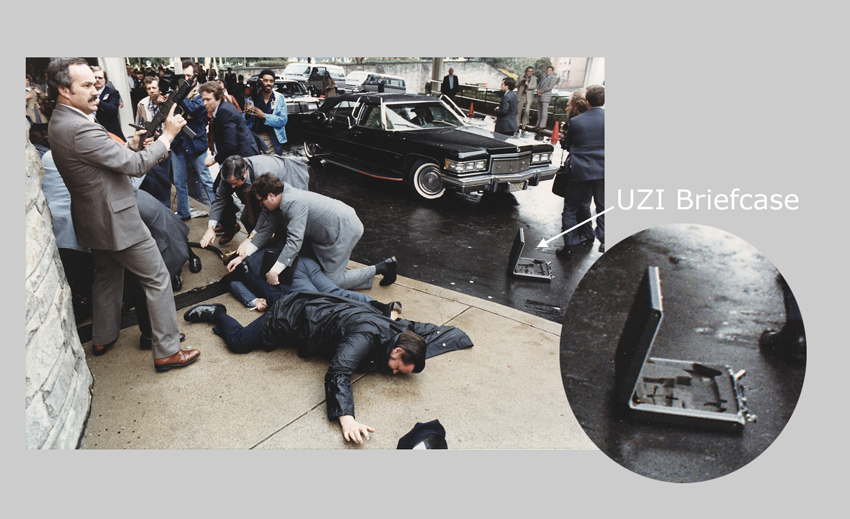 Image of U.S. Secret Service Agent with Uzi at site of 1981 Reagan assassination attempt