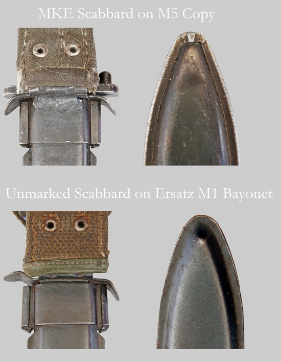 Comparison image of MKE scabbard with unmarked Ersatz M5 scabbard