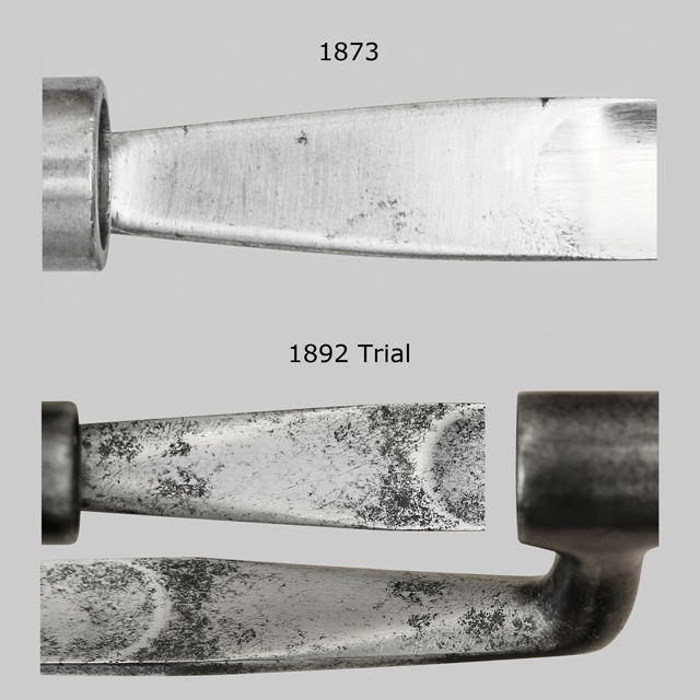 Comparison image showing Model 1892 Trials bayonet rounded blade shoulders vs. Model 1873.
