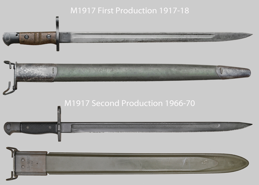Comparison of U.S. M1917 first and second production bayonet and scabbard.