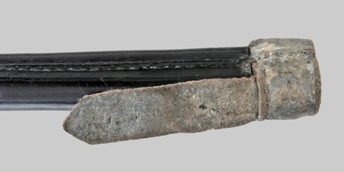 Close-up image of throat of Belgian scabbard used with Uruguayan Mauser M1871 Socket Bayonet.