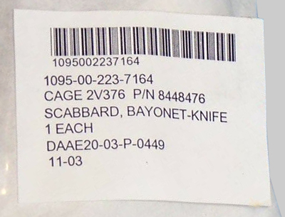 Image of Ontario M10 Scabbard Contract DAAE20-03-P-0449 Label.