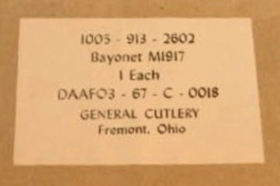 Image of General Cutlery M1917 Bayonet Contract DAAF03-67-C-0018 Label.