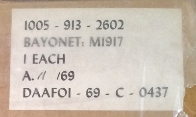 Image of General Cutlery M1917 Bayonet Contract DAAF01-69-C-0437 Label.
