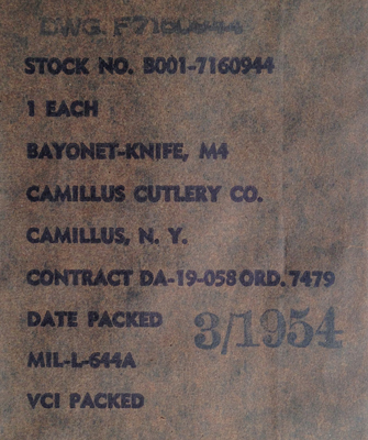 Image of Camillus Cutlery 1953 M4 Contract DA-19-058-ORD-7479 Label.