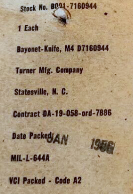Image of Turner Manufacturing M4 Contract DA-19-058-ORD-7886 Label.
