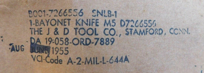 Image of Jones & Dickenson Tool Co. M5 Contract DA-19-058-ORD-7889 Label.