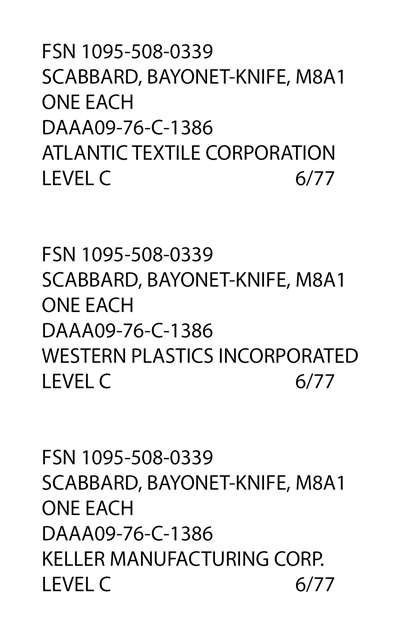 Image of three fake M8A1 Scabbard package labels.