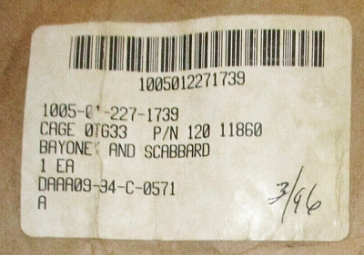 Image of Lan Cay Contract DAAA09-94-C-0571 M9 Bayonet Label.