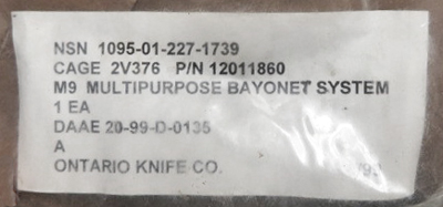 Image of Ontario Knife Co. Contract DAAE20-99-D-0135 M9 Bayonet Label.