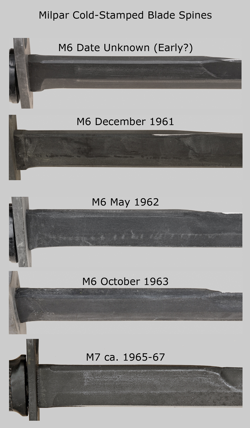 Comparison image showing how Milpar cold-stamped blade spines vary in appearance.