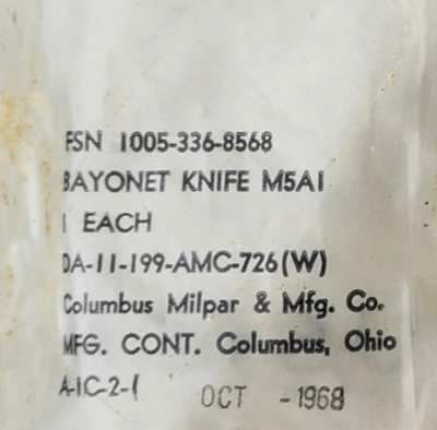 Image of package label from the June 1966 M5A1 contract that was packaged in October 1968.