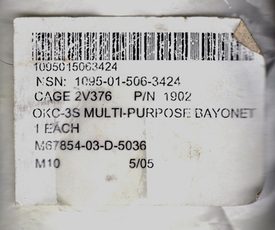 Image of Ontario Knife Co. OKC3S Bayonet Contract M67854-03-D-5036 Label.