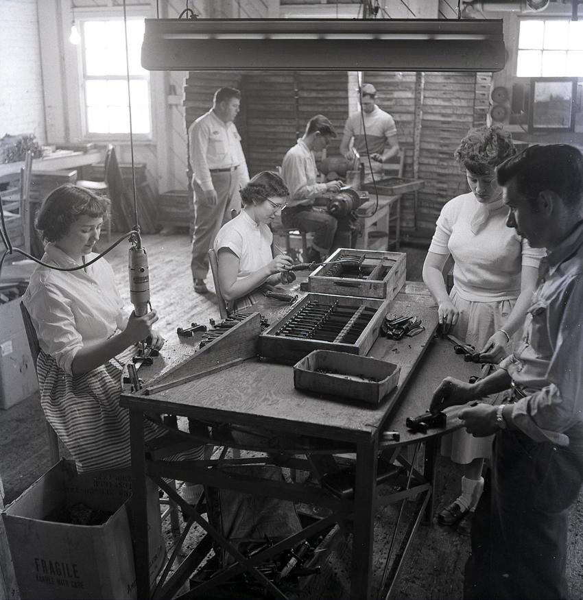 The final assembly line, where grips were installed and the completed bayonet inspected prior to packing.