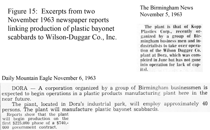 Excerpts from two newspaper reports linking production of plastic bayonet scabbards to Wilson-Duggar Co.