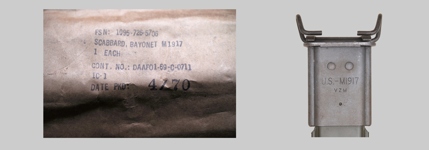 Printed label on packaging of Viz Manufacturing Co. plastic M1917 scabbard showing the 1969 contract number and April 1970 packing date and manufacturer symbol on Viz Manufacturing Co. plastic M1917 scabbard.