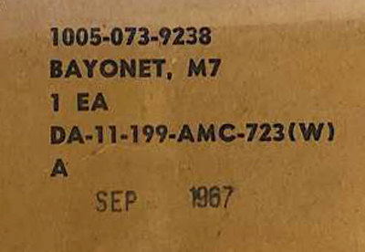 Image of Conetta M7 bayonet contract DA-11-199-AMC-723 package label.