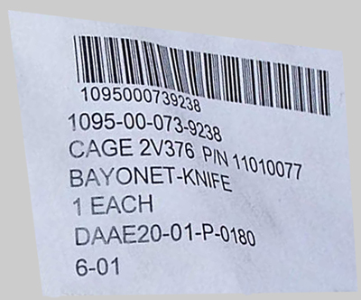 Image of Ontario M7 contract DAAE20-01-P-0180 label.